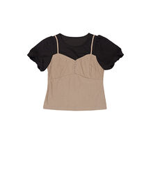 One Piece Puff Sleeve Crinkled Pit Stripe Top (Brown)